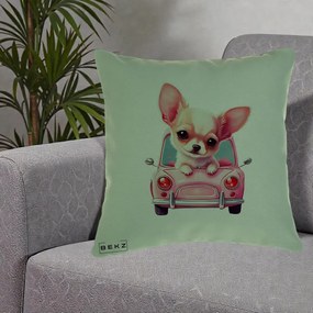 Perna Decorativa Chihuahua Roz in Masinuta, 40x40 cm, Verde, Husa Detasabila, Perna Inclusa, BEKZ®