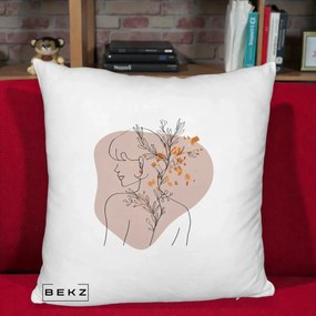 Perna Decorativa Femeie cu Flori Line Art Boho, 40x40 cm, Alb Pufos, Husa Detasabila, Perna Inclusa, BEKZ®