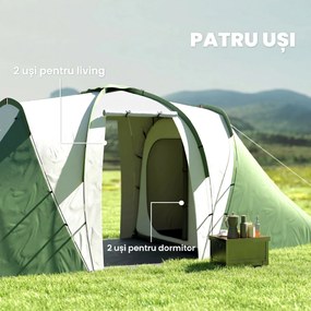 Outsunny Cort de Camping pentru 4-6 Persoane cu 2 Camere, 2 Uși și Geantă de Transport, 555x225x190 cm, Verde | Aosom Romania