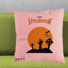 Perna Decorativa Happy Halloween Cimitir cu Luna, 40x40 cm, Roz, Husa Detasabila, Perna Inclusa, BEKZ®