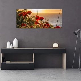 Tablou cu apus de soare cu flori de maci (120x50 cm), în 40 de alte dimensiuni noi