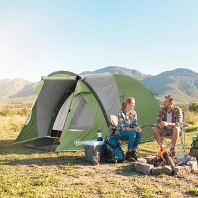 Outsunny Cort de Camping pentru 4 Persoane, 2 Camere, Ferestre și Uși, Preș de Sol, Cârlig în Tavan, 323x248x150cm, Verde | Aosom Romania