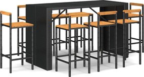 vidaXL Set bar pentru grădină, 9 piese, negru, poliratan/lemn acacia