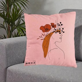 Perna Decorativa Portret Feminin Maci Rosii Auriu, 40x40 cm, Roz, Husa Detasabila, Perna Inclusa, BEKZ®
