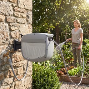 Outsunny Bobină furtun retractabil 10+1 m cu duză 2 moduri blocare automată și retragere controlată suport gri | Aosom Romania