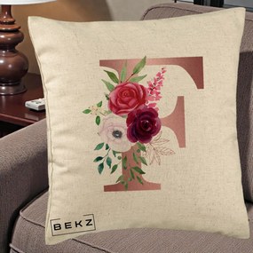 Cadou Personalizat - Perna Personalizata Monograma Rose Gold Litera F, 40x40 cm, Bej, Husa Detasabila, Perna Inclusa, BEKZ®