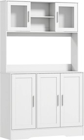 HOMCOM Dulap Bucătărie de 180cm, Dulap Înalt cu 4 Compartimente, Uși din Sticlă Securizată, 2 Rafturi Deschise, Rafturi Reglabile, Blat pentru Electrocasnice, pentru Bucătărie sau Living, Alb | Aosom Romania