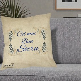 Cadou pentru Socru - Perna Personalizata Cel mai Bun Socru cu Ramuri Frunze Albastre si Aurii, 40x40 cm, Crem, Husa Detasabila, Perna Inclusa, BEKZ®