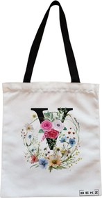 Sacosa de Panza pentru Cumparaturi, Geanta Tote, Cu litera V in Coronita Florala, Cu fermoar, 38x34.5 cm, Alba, BEKZ®