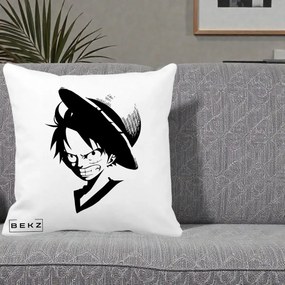 Perna Personalizata One Piece Luffy Silueta Alb-Negru, 40x40 cm, Alba Mata, Husa Detasabila, Perna Inclusa, BEKZ®