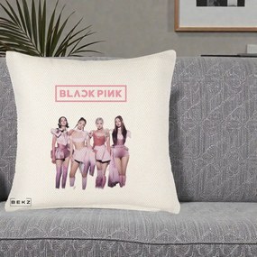 Perna Personalizata K-pop BLACKPINK Fotografie Grup Tinute Roz, 40x40 cm, Crem Reliefat, Husa Detasabila, Perna Inclusa, BEKZ®