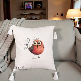 Perna Decorativa Pasare Rosie Exuberanta cu Spirale, 40x40 cm, Bej cu Franjuri, Husa Detasabila, Perna Inclusa, BEKZ®