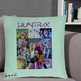 Perna Personalizata K-pop HUNTRX Colaj Animat Foto Grup, 40x40 cm, Verde Menta, Husa Detasabila, Perna Inclusa, BEKZ®