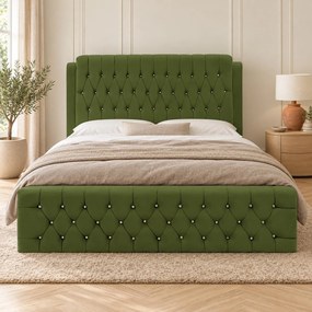 Pat tapițat Chesterfield din catifea Aveline Deluxe 180×200 cm, kaki, cu ladă de depozitare