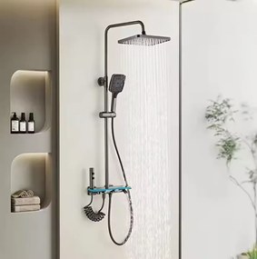 Coloană de duș termostat, afișaj digital, lumină LED ambientală, 4 funcții, butoane ca de pian, cap duș dreptunghiular, efect de ploaie, montare pe perete, 6002