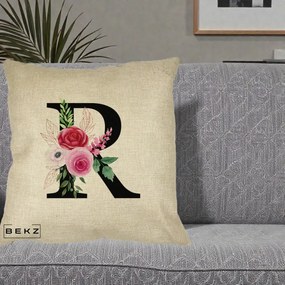 Cadou Personalizat - Perna Personalizata Monograma Florala Litera R, 40x40 cm, Crem, Husa Detasabila, Perna Inclusa, BEKZ®