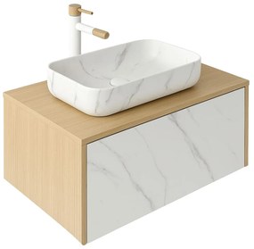 Set dulap baie suspendat placat cu ceramica CALACATTA 100 cm cu lavoar inclus Dione Foglia