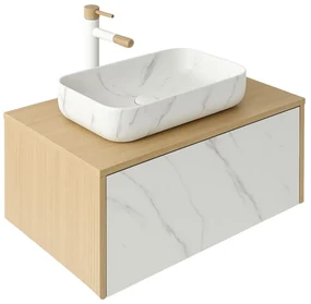 Set dulap baie suspendat placat cu ceramica CALACATTA 100 cm cu lavoar inclus Dione Foglia