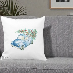 Perna Decorativa Masinuta Albastra cu Brad de Craciun, 40x40 cm, Alba Mata, Husa Detasabila, Perna Inclusa, BEKZ®