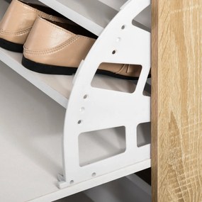 HOMCOM Suport pentru Pantofi Modern care Economiseste Spatiu cu 3 Usi si Rafturi Reglabile, Sertar si Dulapior cu Polite, Culoarea Lemnului si Alb