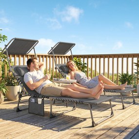 Outsunny Set de 2 șezlonguri pliabile cu pernă pentru cap, told, buzunar lateral și spătar reglabil în 5 poziții, gri | Aosom Romania