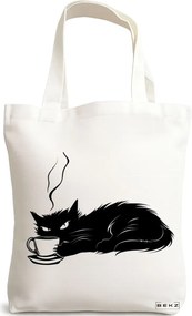 Sacosa de Panza pentru Cumparaturi, Geanta Tote, model Caffeine Cat 21 38 x 34.5 cm, Alba, BEKZ®