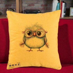 Perna Decorativa Pui Pufos cu Ochelari Roz, 40x40 cm, Galben, Husa Detasabila, Perna Inclusa, BEKZ®