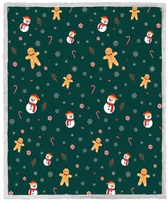 Patura miel de Craciun din microplus Om zapada si turta dulce verde inchis Dimensiuni: 200 x 220 cm