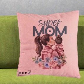 Cadou pentru Mama - Perna Personalizata Super Mom Mama cu Bebelusul, 40x40 cm, Roz, Husa Detasabila, Perna Inclusa, BEKZ®