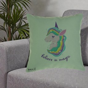 Perna Decorativa Unicorn Believe in Magic, 40x40 cm, Verde, Husa Detasabila, Perna Inclusa, BEKZ®