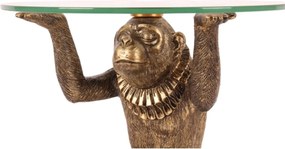 Măsuță decorativă sculptată rotundă, auriu, cu bază în formă de maimuță și blat din sticlă, finisaj antichizat, 26,5 x 25 cm, „Singerie”