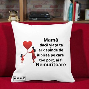 Cadou pentru Mama - Perna Personalizata Mama Nemuritoare cu Bebelus Kawaii, 40x40 cm, Alba Mata, Husa Detasabila, Perna Inclusa, BEKZ®