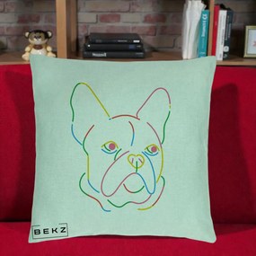 Perna Decorativa Bulldog Francez Line Art Curcubeu, 40x40 cm, Verde Menta, Husa Detasabila, Perna Inclusa, BEKZ®