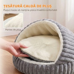 PawHut Culcuș pentru Pisici de până la 5 kg, Rotund Semiînchis, din Pluș cu Efect de Iepuraș, cu Pernă Lavabilă, Gri | Aosom Romania