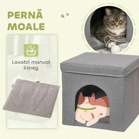 PawHut Căsuță Pliabilă pentru Pisici în Formă de Cub cu Pernă și Tăviță de Zgâriat, 36.5x36.5x36.5 cm, Gri | Aosom Romania