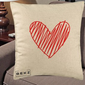 Perna Decorativa Inima Rosie Desen Manual, 40x40 cm, Bej, Husa Detasabila, Perna Inclusa, BEKZ®