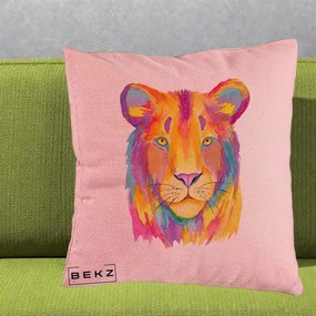Perna Decorativa Leu Acuarela Curcubeu, 40x40 cm, Roz, Husa Detasabila, Perna Inclusa, BEKZ®