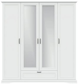 Dormitor Valencia, MDF Vopsit Alb, Dulap 4 usi si 1 Sertar, Pat 160x200, Comoda 2 Usi 3 Sertare, 2 Noptiere