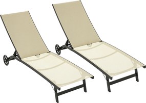 Outsunny Set de 2 șezlonguri din aluminiu și textilenă cu roți, spătar reglabil, sarcină max. 150 kg kaki | Aosom Romania