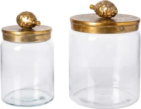 Set 2 borcane din sticlă cu capac din alamă antichizată și mâner în formă de con de brad, 22 × 15 cm, „Pomme"