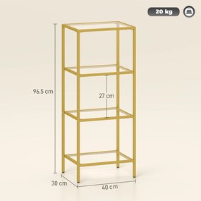 HOMCOM Unitate de Rafturi cu 4 Nivele, Raft de Sticlă, Raft de Stocare Vertical pentru Sufragerie, Birou Acasă, Dormitor, Baie, Tonuri de Aur | Aosom Romania