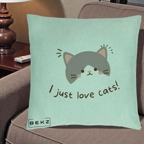 Perna Personalizata I Just Love Cats Pisica Kawaii, 40x40 cm, Verde Menta, Husa Detasabila, Perna Inclusa, BEKZ®