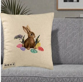 Perna Decorativa Iepuras cu Oua de Pasti Acuarela, 40x40 cm, Bej, Husa Detasabila, Perna Inclusa, BEKZ®