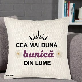 Cadou pentru Bunica - Perna Personalizata Cea Mai Buna Bunica Din Lume Coroana Mov Flori, 40x40 cm, Crem Reliefat, Husa Detasabila, Perna Inclusa, BEKZ®