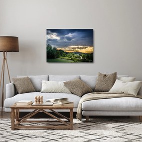 Tablou pe sticlă cu peisaj și raze de soare (70x50 cm)