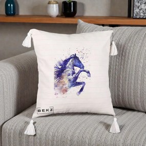 Perna Decorativa Cal Albastru Acuarela, 40x40 cm, Bej cu Franjuri, Husa Detasabila, Perna Inclusa, BEKZ®