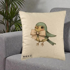 Perna Decorativa Pasare Teal cu Fundita cu Buline, 40x40 cm, Bej, Husa Detasabila, Perna Inclusa, BEKZ®