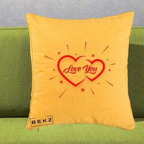 Cadou Romantic - Perna Personalizata Love You Doua Inimi, 40x40 cm, Galben, Husa Detasabila, Perna Inclusa, BEKZ®