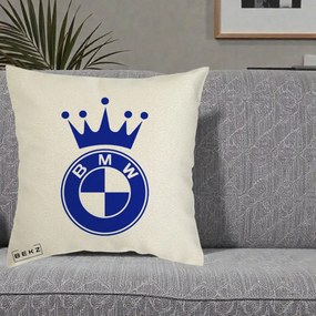 Perna Personalizata cu emblema BMW si Coroana, 40x40 cm, Ecru, Husa Detasabila, Perna Inclusa, BEKZ®