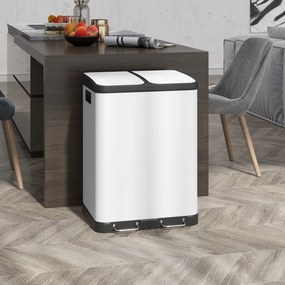 HOMCOM Coș de gunoi de bucătărie 2 x 30L cu pedala din oțel inoxidabil, 2 compartimente, capac cu închidere moale, 60L, alb | Aosom Romania